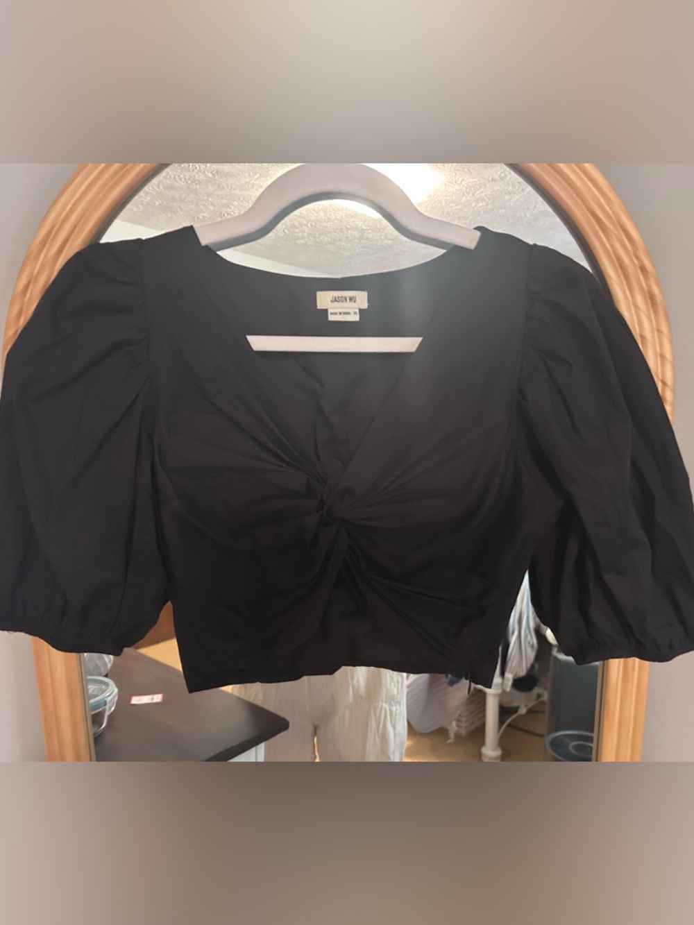 Jason Wu Black Twist-Knot Puff Sleeve Crop Top